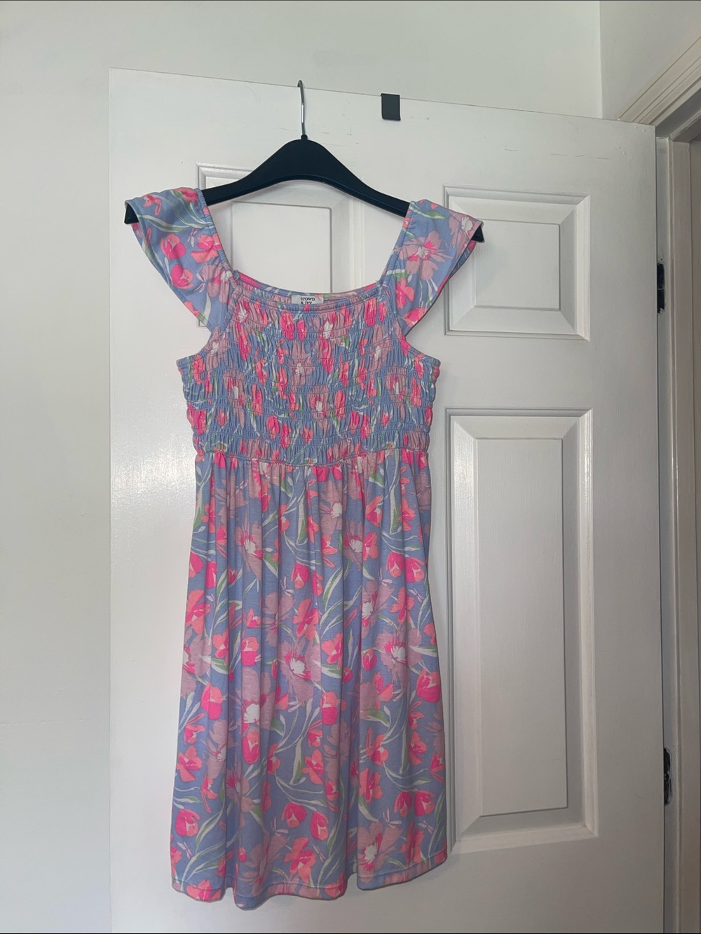 Girl's Crown & Ivy Smocked Sundress Pink Floral on Light Blue Size XL